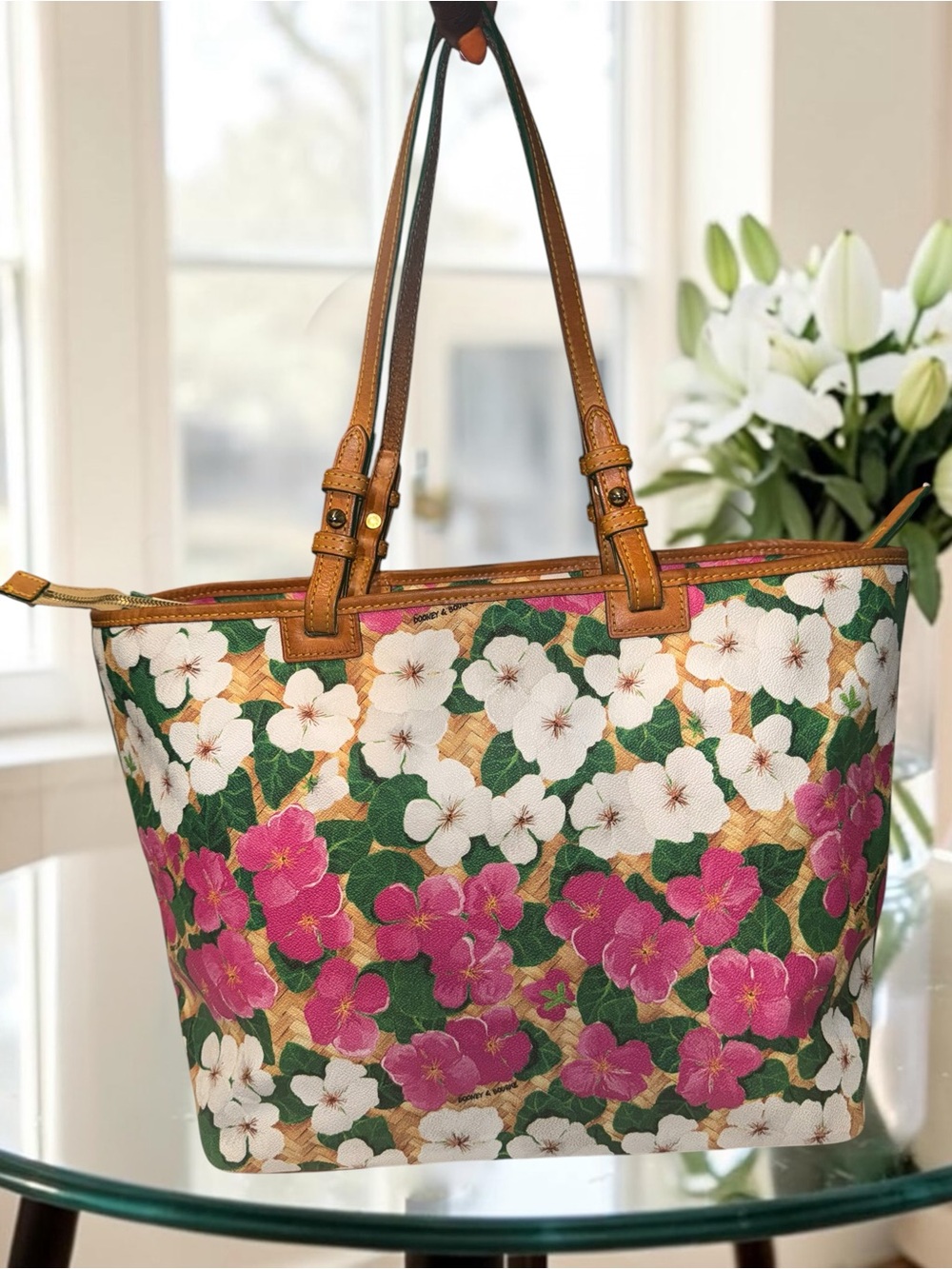 Dooney & Bourke Floral Pink, White, and Green Large Shopper Tote Bag EUC - Picture 3 of 16